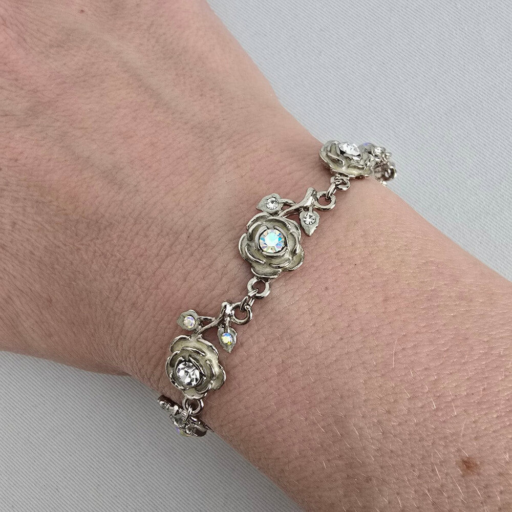 Vintage Silver Tone Floral Crystal Link Bracelet Rhinestone Rose Design